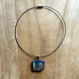 Handmade Multicolor Iridescent Glass Pendant Circle Wire Magnetic Clasp Necklace